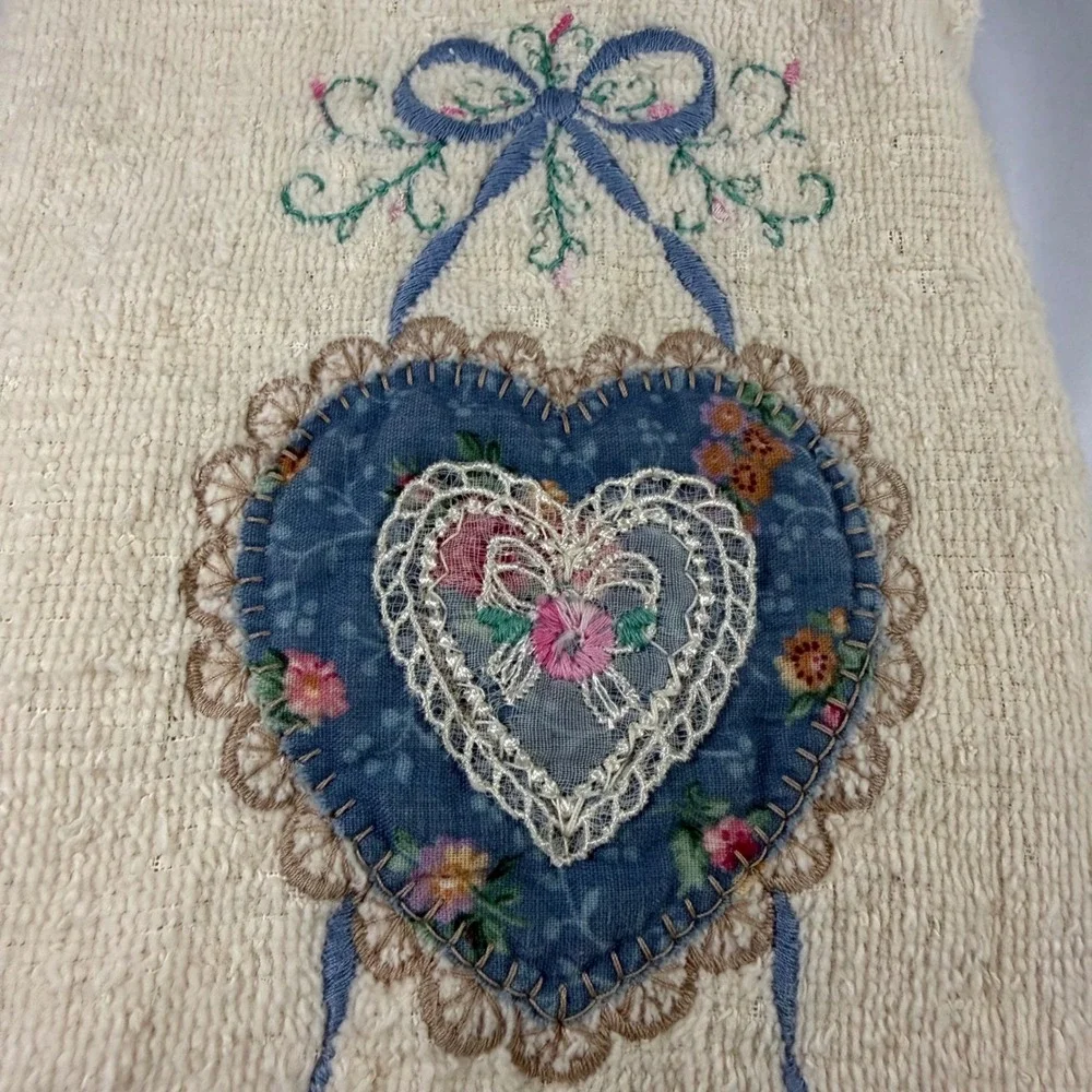 Floral Heart Hand Towel Cream Cotton Lace Cottagecore Vintage Embroidered Fringe